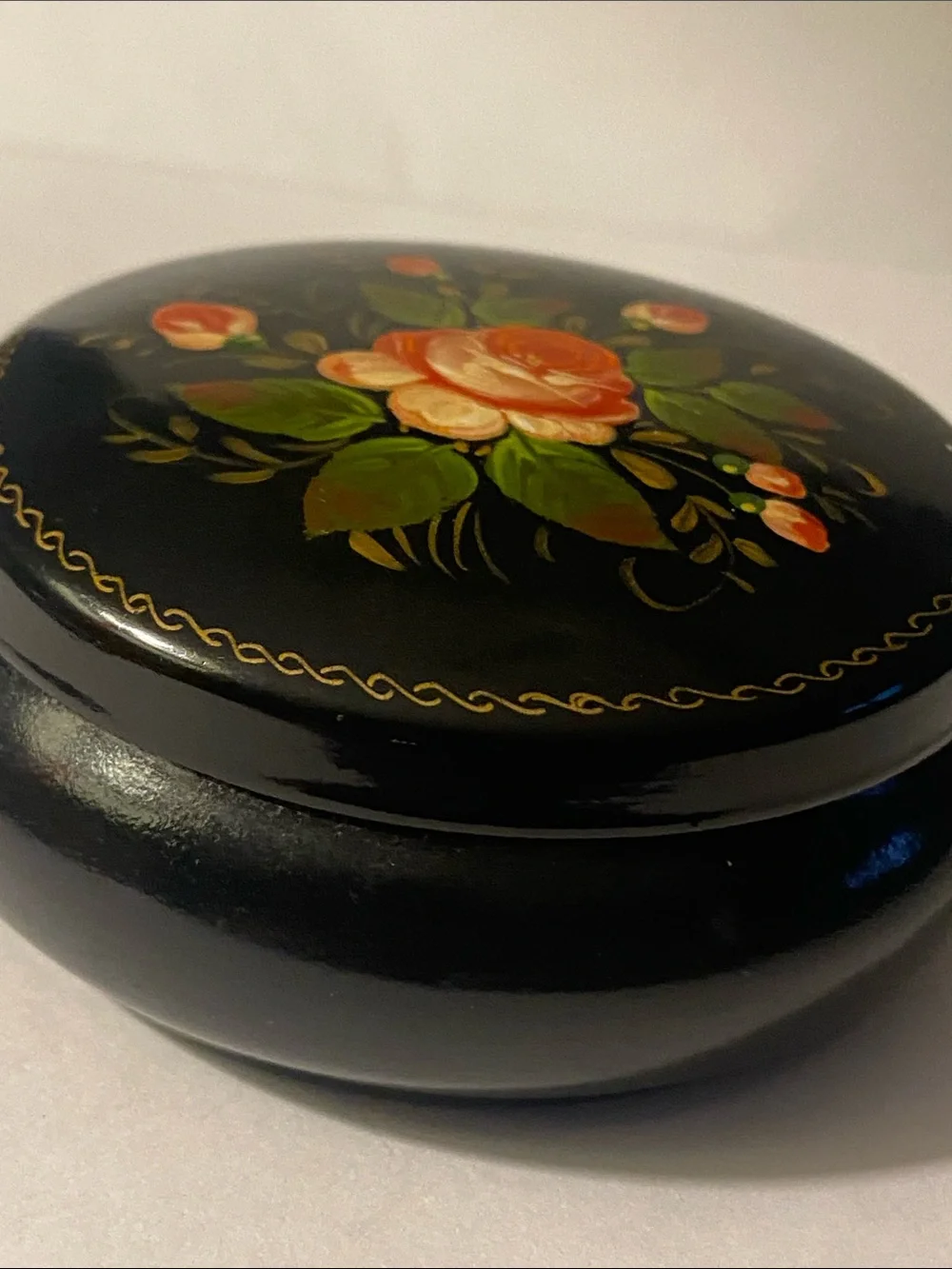 Vintage Russian Hand Painted Black Metal Tin Small Jewelry Trinket Box Floral